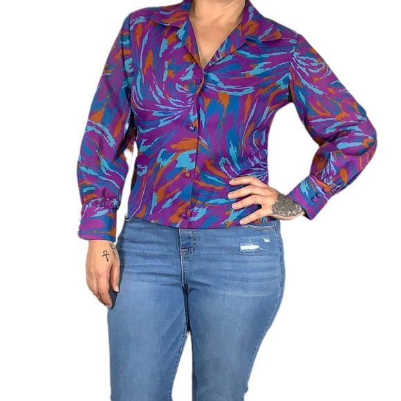 Vintage 70s Jewel Tone Button Up Long Sleeve Print Top Large - Picture 1 of 7